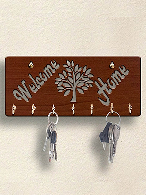 Brown Welcome Home Wooden 7 Hooks Key Holder by Sehaz Artworks