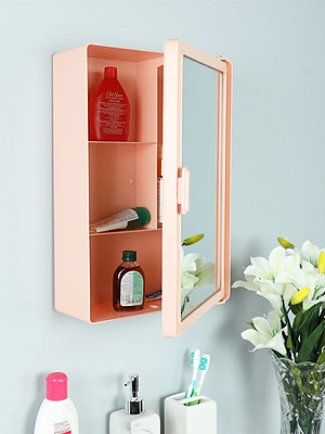 Plastic Pink 4 Tier Bathroom Cabinet With Mirror